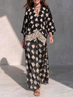 Women's Casual Loose V-neck 3/4 Sleeve Color-block Geometric Print Patchwork Dress