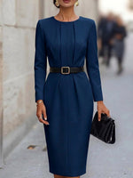 Women's Solid-color Crew Neck Long-sleeve Casual Slim-fit Dress(belt Not Included)
