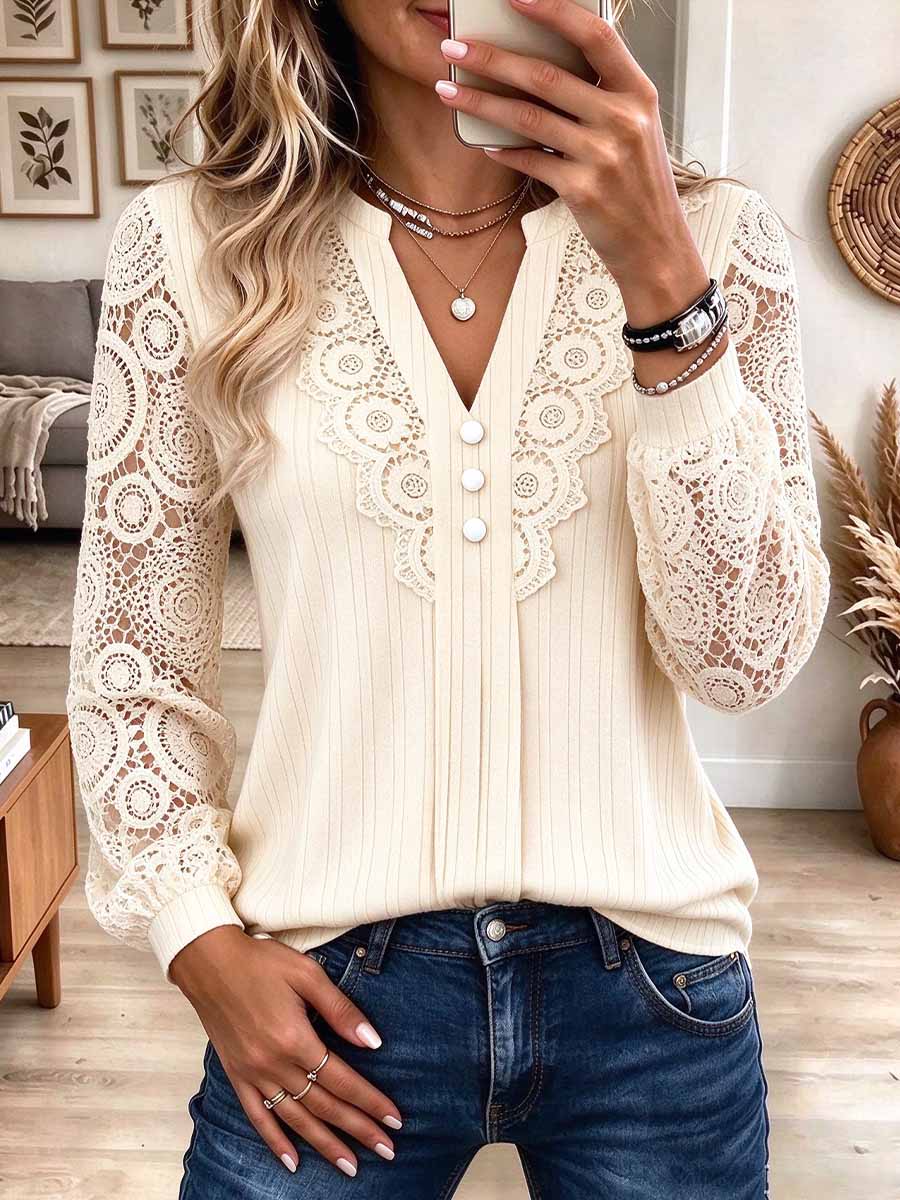 Women's V-Neck Ribbed Knit Top with Crochet Lace Sleeves