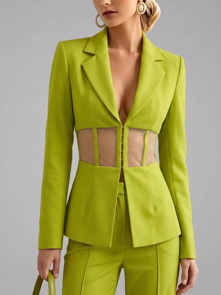 Sheer Mesh Waist-cinching Lapel Blazer