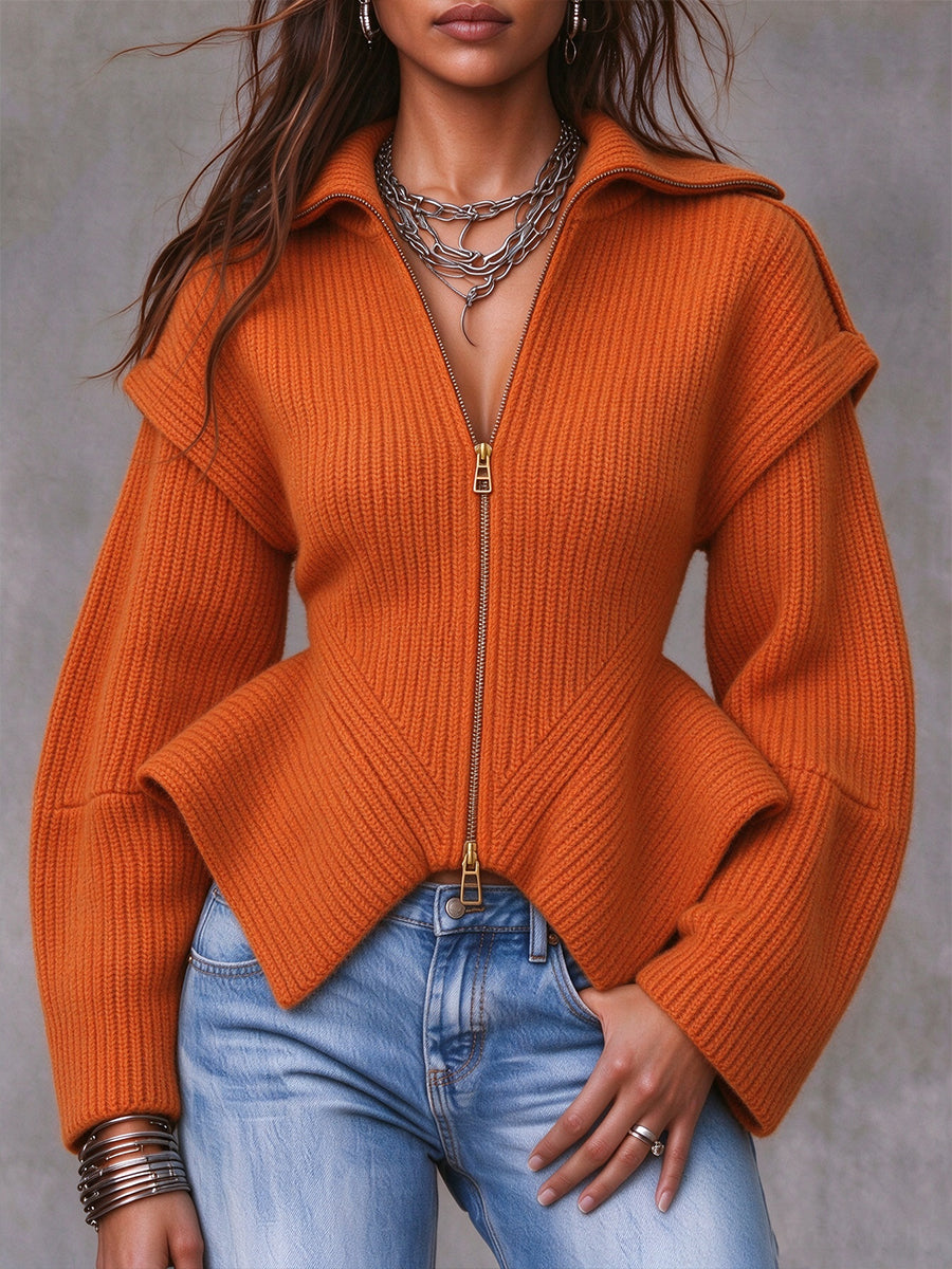 Cozy Textured Full-Zip Peplum Knit Pullover