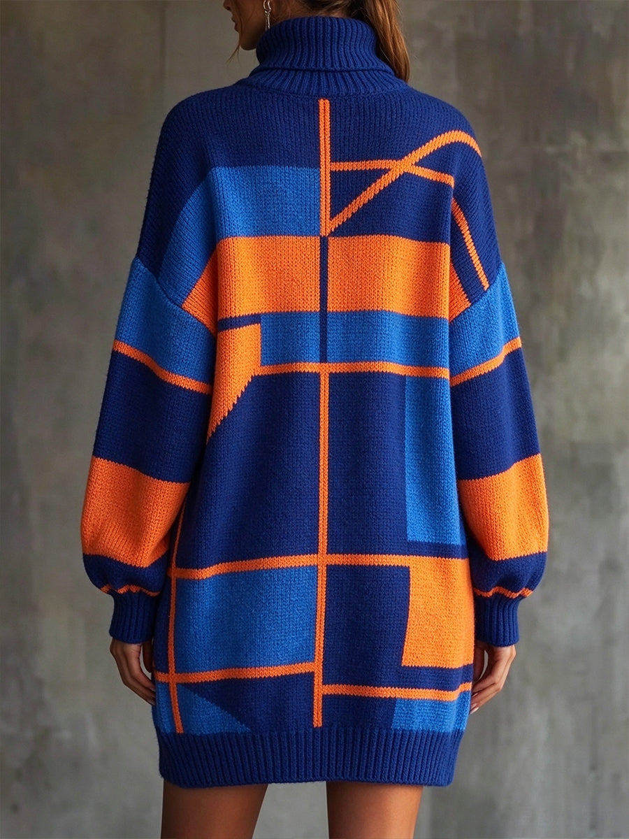 Cozy Color-Block Turtleneck Knit Sweater Dress