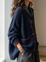Vintage-style Navy Blue Cardigan With Red Polka Dots, Crafted In A Chunky Knit
