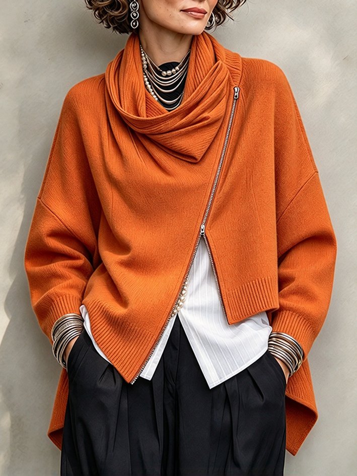 Chic Urban Orange Asymmetrical Zip Sweater Jacket