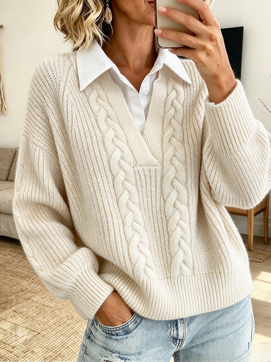 Classic Cable Knit False Two-piece Cable Sweater