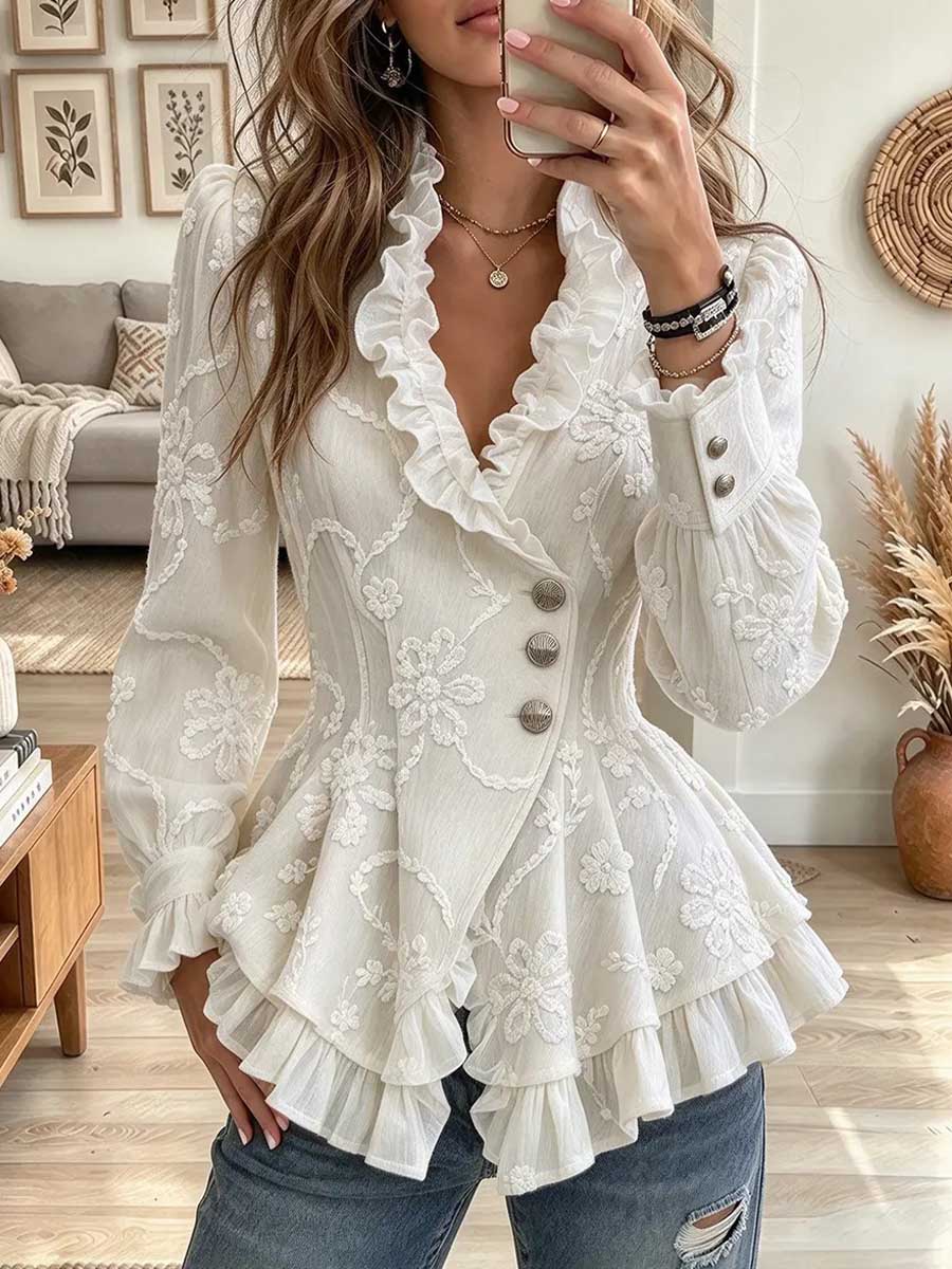 Women's Elegant Floral Embroidered Ruffle Trim Peplum Blouse