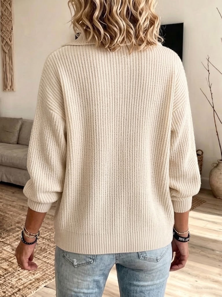 Long-sleeve Knitted Top With A Collar, Button Detailing, And Sequin Panels For A Slimming Effect