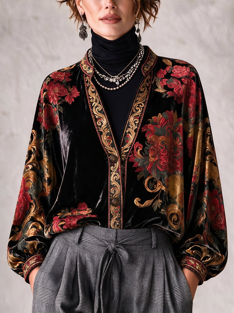Bohemian-style Vintage-inspired Velvet Top With A Lavish Floral Print.