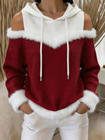 Women's Color Block Cold Shoulder Hoodie With Faux Fur Trim