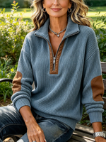 Cozy Elbow Patch Ribbed Quarter-zip Pullover