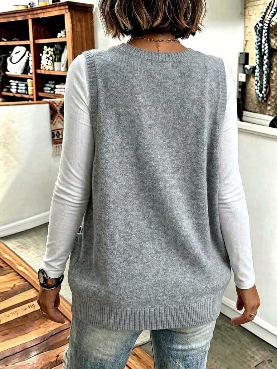 Women's Oversized V-neck Knit Sweater Vest With Pockets