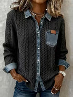 Women's Cable Knit Denim Patchwork Button-down Sweater
