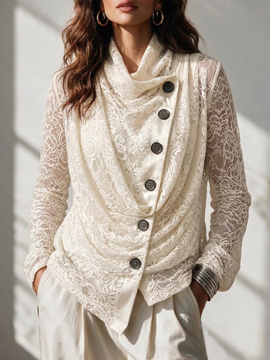 Women's Solid Color Mock Neck Long-sleeve Casual Loose Pleated Lace-embroidered Top