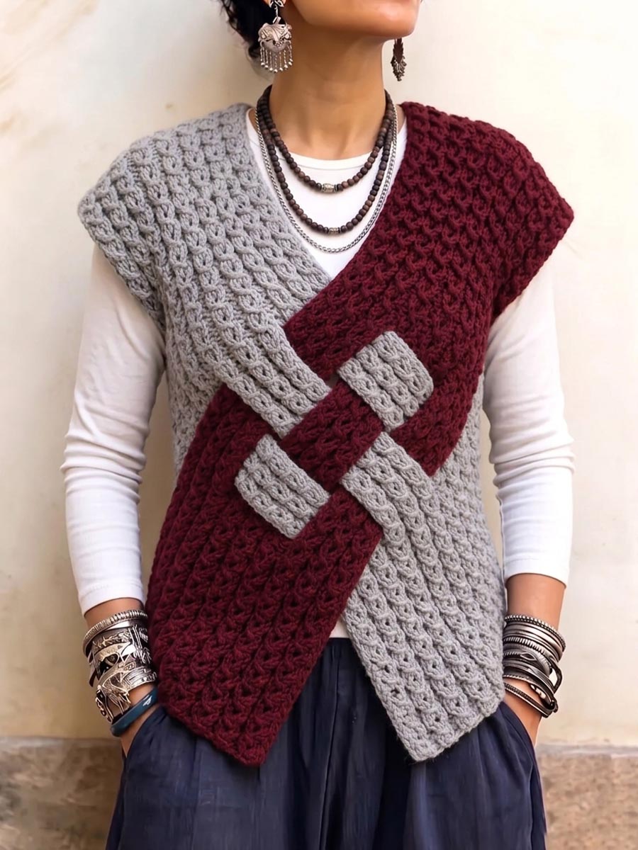 Women's Two-tone Woven Front Knit Vest