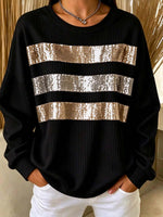 Women's Casual Crewneck Ribbed Top With Sequin Stripes