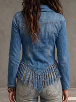 Women's Denim Cowl Neck Fringed Asymmetrical Blouse