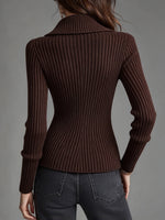 Chic Brown Ribbed-knit Wrap Cardigan With A Fold-over Collar