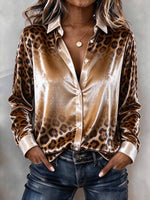 Women's Leopard Print Velvet Button-down Blouse