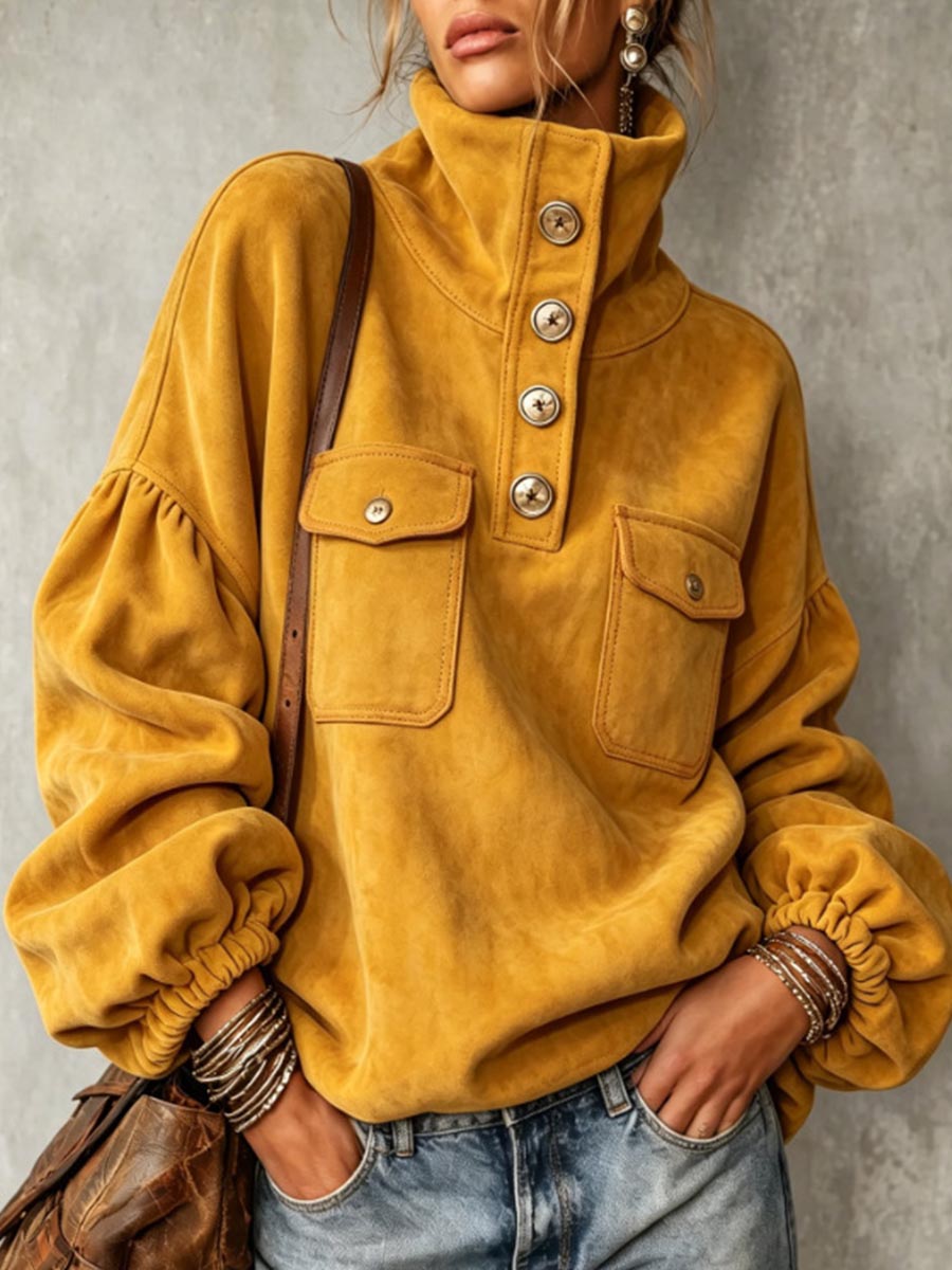Women's Mustard Yellow High Neck Button-up Pullover Sweater