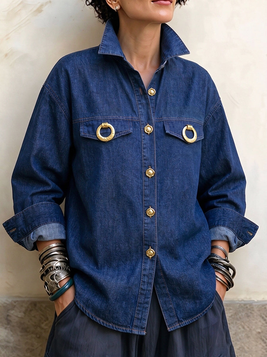 Chic Tencel Denim Ring-Accent Button-Down Shirt