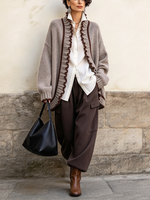 Chic Ruffled Casual Grey Knit Cardigan Sweater