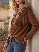 Chic Western-style Leopard Print Faux-suede Top With Fringe