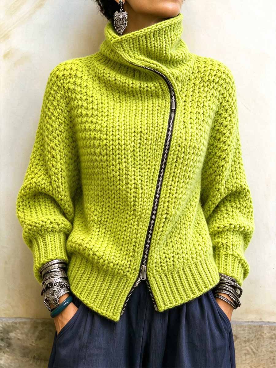 Chunky Knit Asymmetrical Zip-Up Turtleneck Sweater