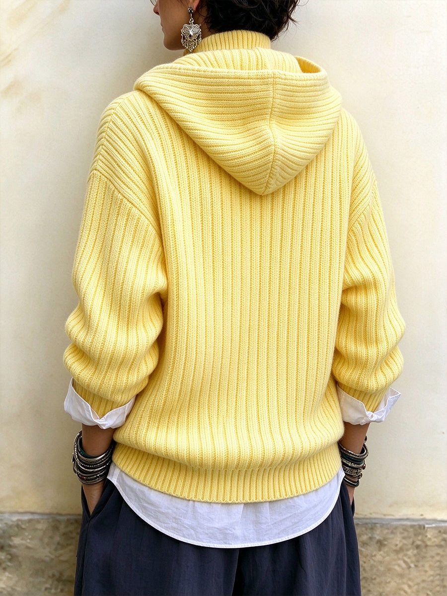 Sunlit Ribbed Knit Hooded Half-Zip Pullover