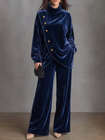 Navy Blue Velvet Asymmetrical Button-up Two-piece Set