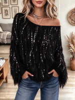 Women's One-Shoulder Fluffy Sequin Embellished Sweater
