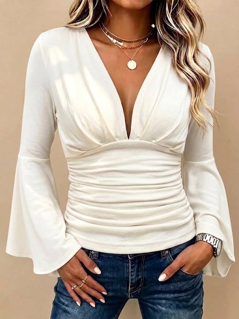 V-neck Long-sleeve Flared Top With Ruching