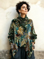 Chic Tropical Palm And Leopard Print Asymmetrical Turtleneck Top