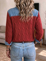 Women's Casual Denim Spliced Cable Knit Button-Down Sweater