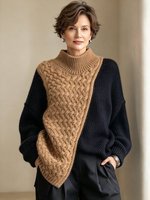 Modern Cozy Colorblock Cable-knit Mock Neck Sweater