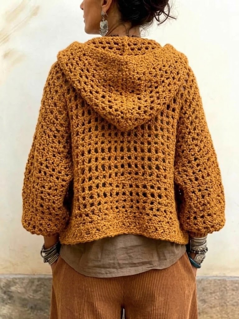 Bohemian Openwork Crochet Hooded Knit Cover-up With A Diagonal-front Design