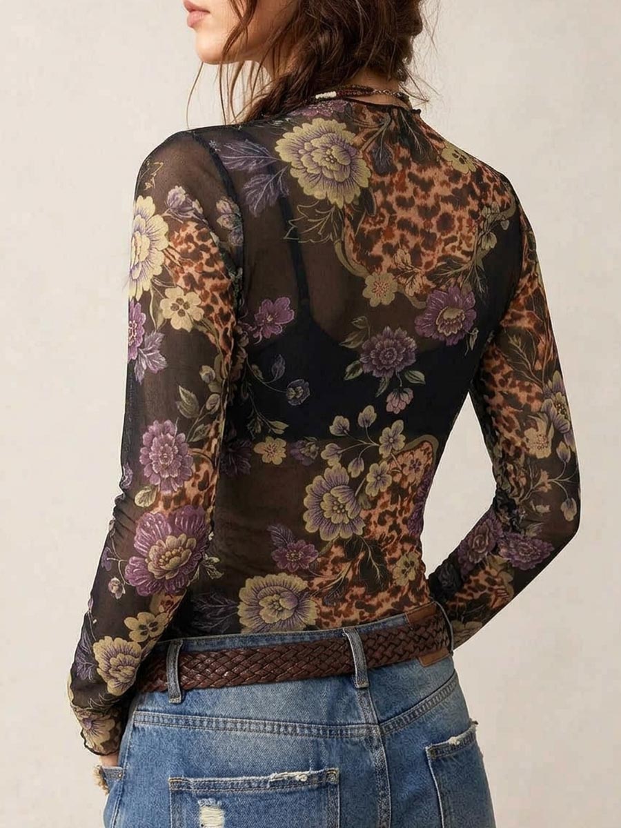 Women's Sheer Mesh Mock Neck Floral Animal Print Top