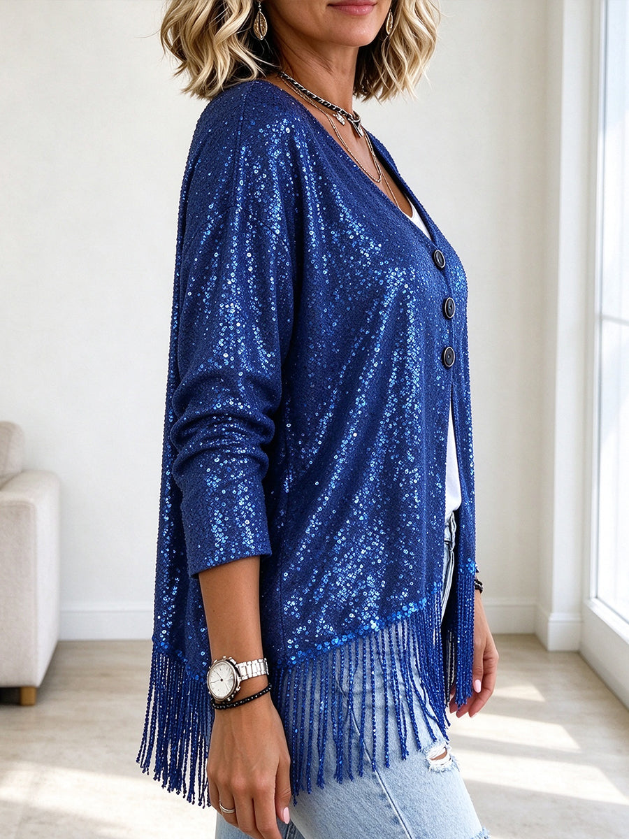Chic Shimmer Knit V-neck Cardigan With Fringe