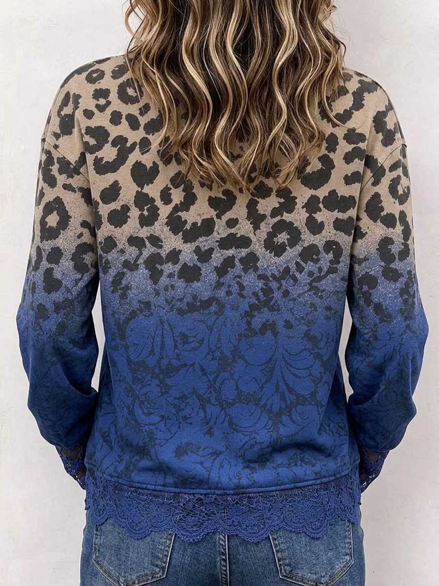Women's Ombre Leopard Print Crewneck Sweatshirt With Lace Trim