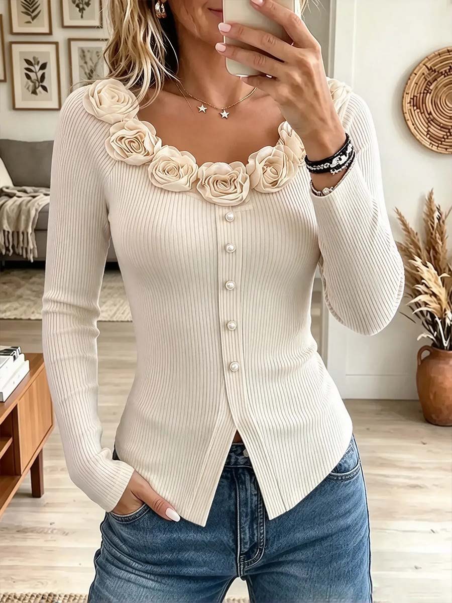 3D Rose Neckline Single-Breasted Ribbed Knit Top