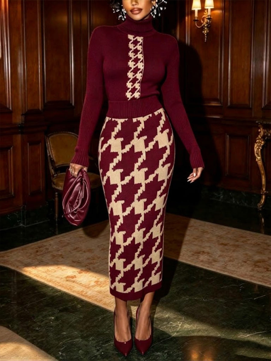 Elegant Burgundy Houndstooth Knit Midi Dress