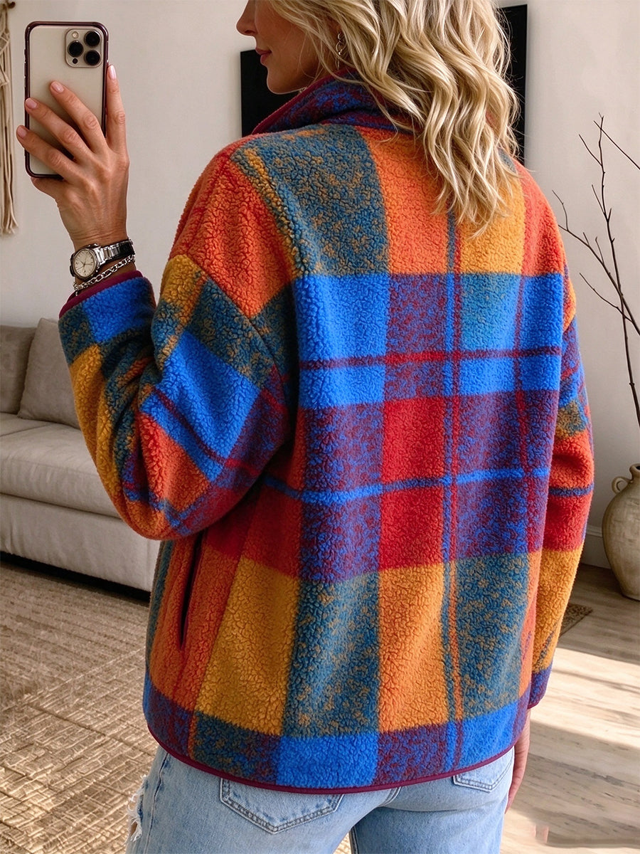 Vibrant Plaid Sherpa Full-Zip Jacket