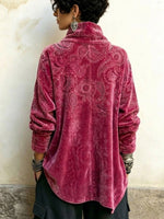 Velvet High-neck Top Featuring A Paisley Pattern And An Asymmetrical Button-front Design