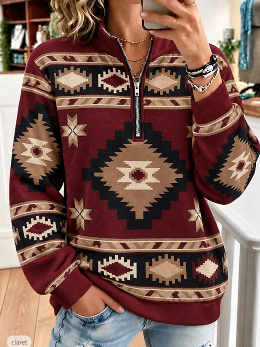 Bold Oversized Aztec Geometric Print Quarter-zip Sweatshirt