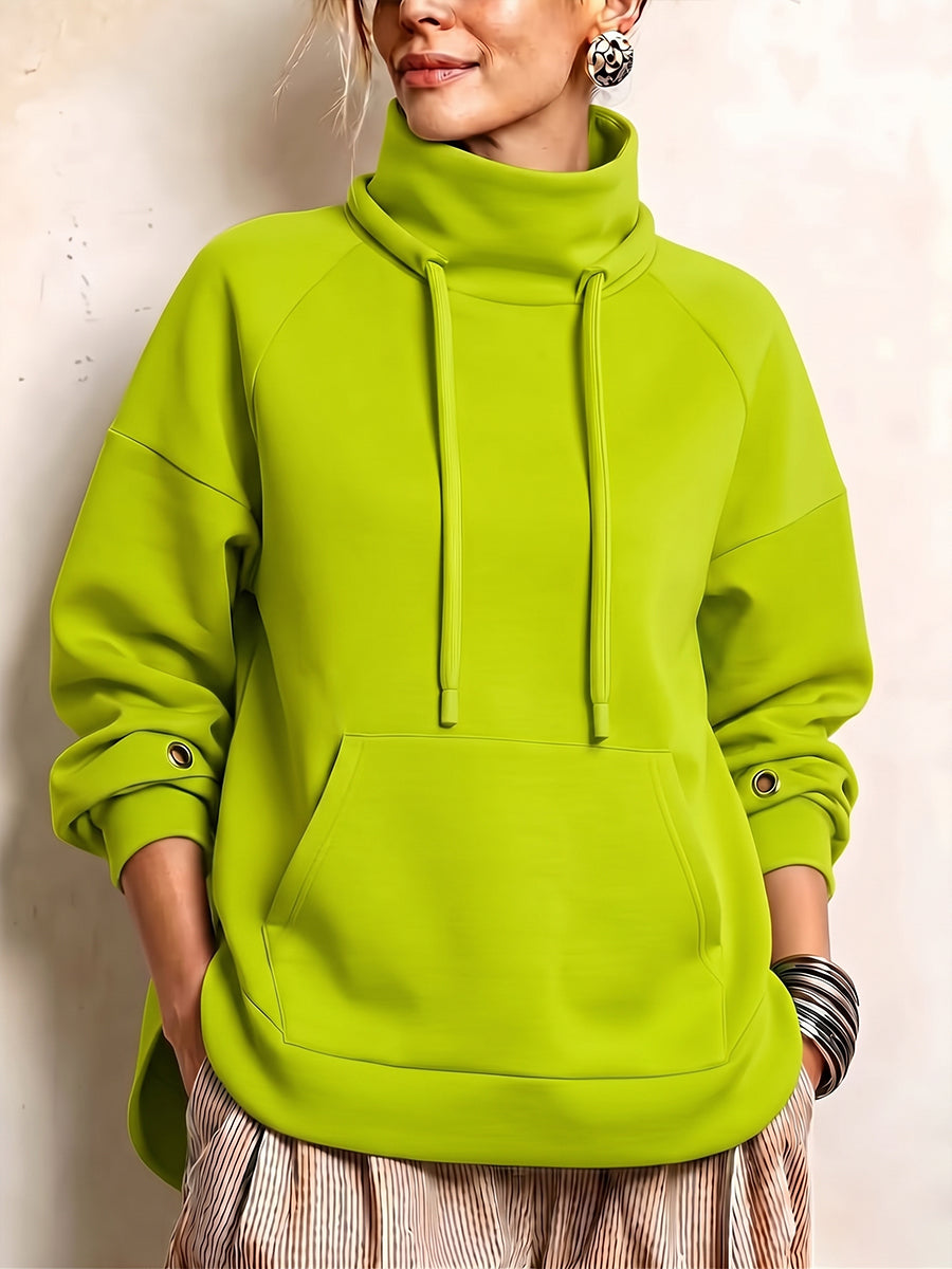 Chic Cowl-Neck Drawstring Pocket Sweatshirt
