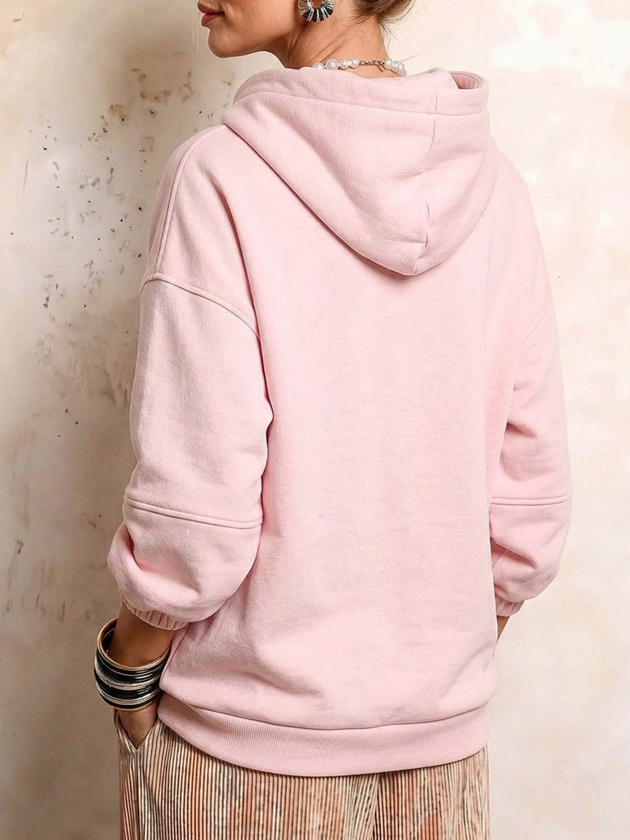 Women's Oversized Pink Hoodie with Faux Pearl Drawstrings