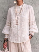 Stand-collar Shirt With Lace Panels And Lantern Sleeves
