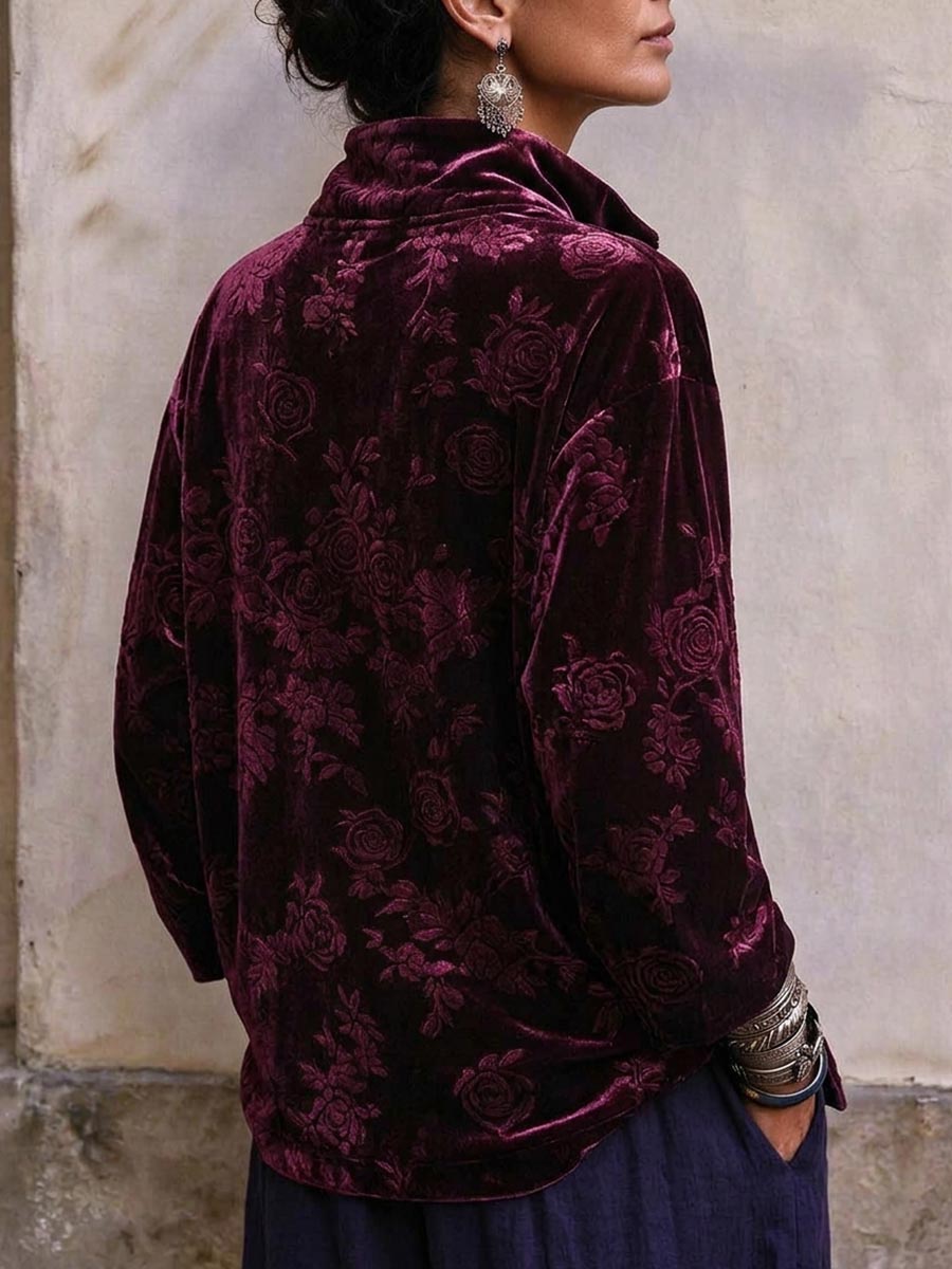 Vintage Burgundy Floral Embossed Velvet Half-zip Pullover