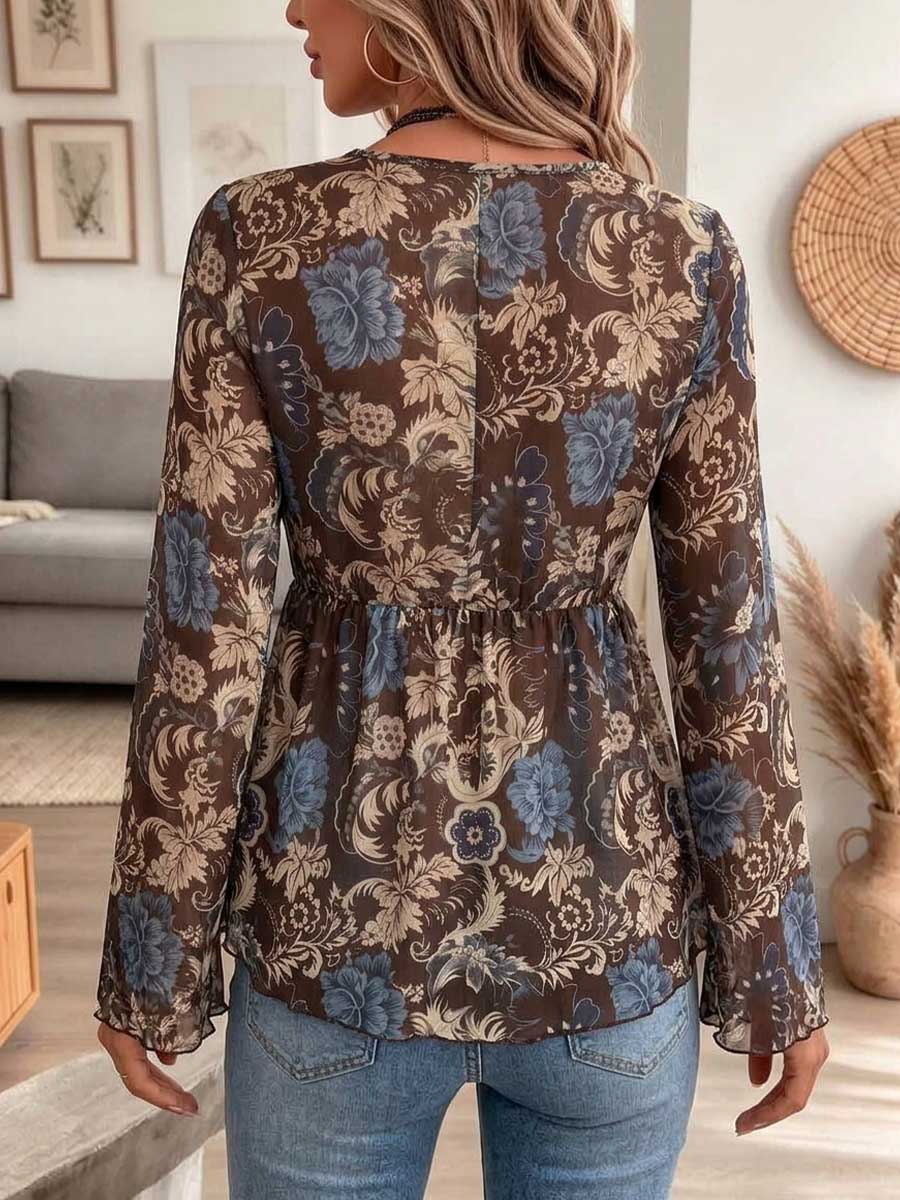 Women's Vintage Floral Print V-neck Tie Front Chiffon Blouse