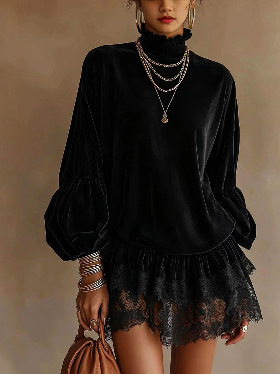 Women's Mock Neck Lantern Sleeve Tunic Top with Lace Patchwork Hem