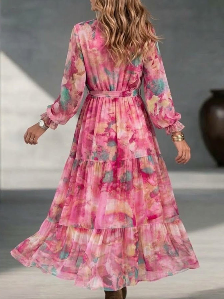 V-neck Wrap-style Watercolor-print Maxi Dress With Ruffled Long Sleeves And A Voluminous Skirt